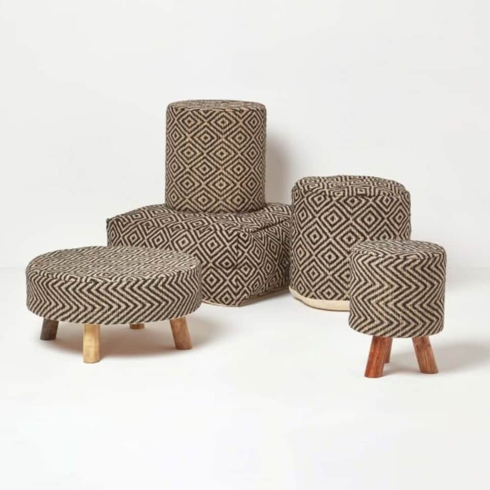image 1 of Homescapes Jute Round Pouffe Black and Off-White Herringbone Pattern - 40 x 40 x 42 cm