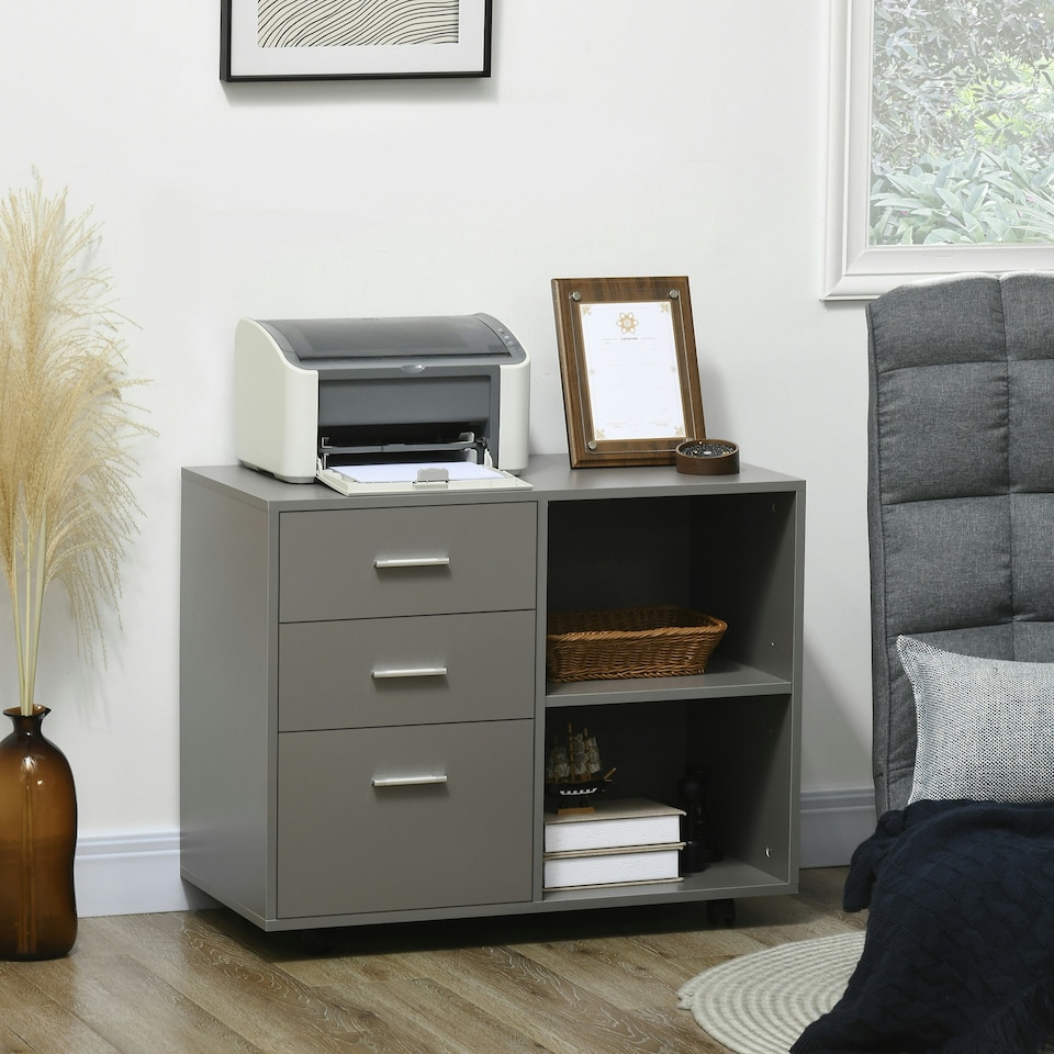 image 1 of HOMCOM Freestanding Storage Cabinet w/ 3 Drawers 2 Shelves 4 Wheels Office Grey