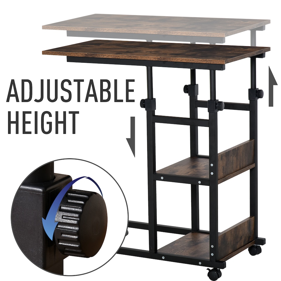 image 1 of HOMCOM C-Shaped Side Table Industrial Mobile Rolling End Desk with 3-Tier Storage Shelving, Adjustable Height, Wheels