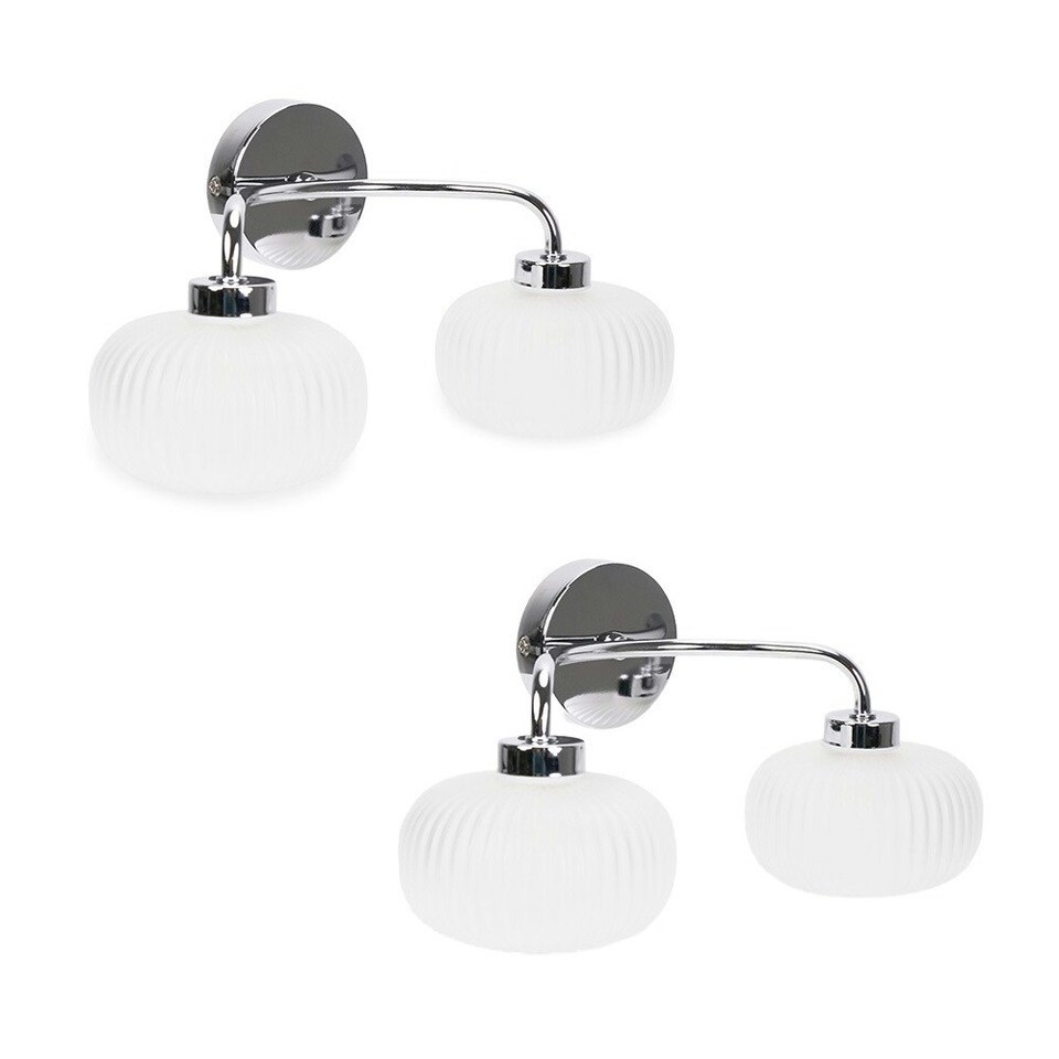 image 1 of ValueLights Amaia Pair of Polished Chrome IP44 Rated 2 Way Frosted Ribbed Glass Wall Lights