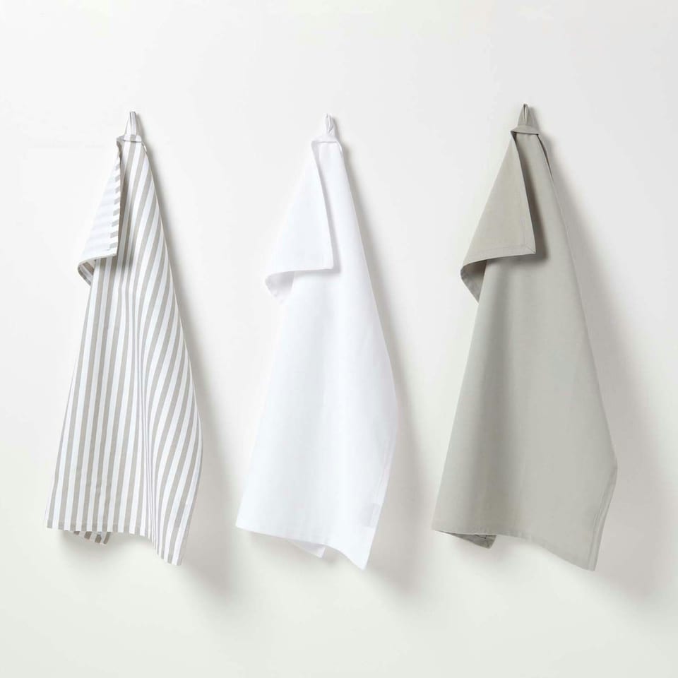 image 1 of Homescapes Striped Grey Cotton Tea Towels Set Of Three