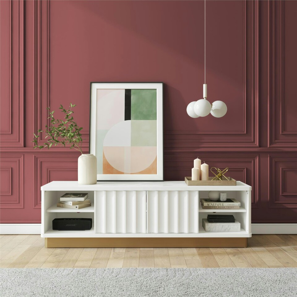 image 1 of Rene Modern Scallop TV-Stand White Bronze White | White Bronze