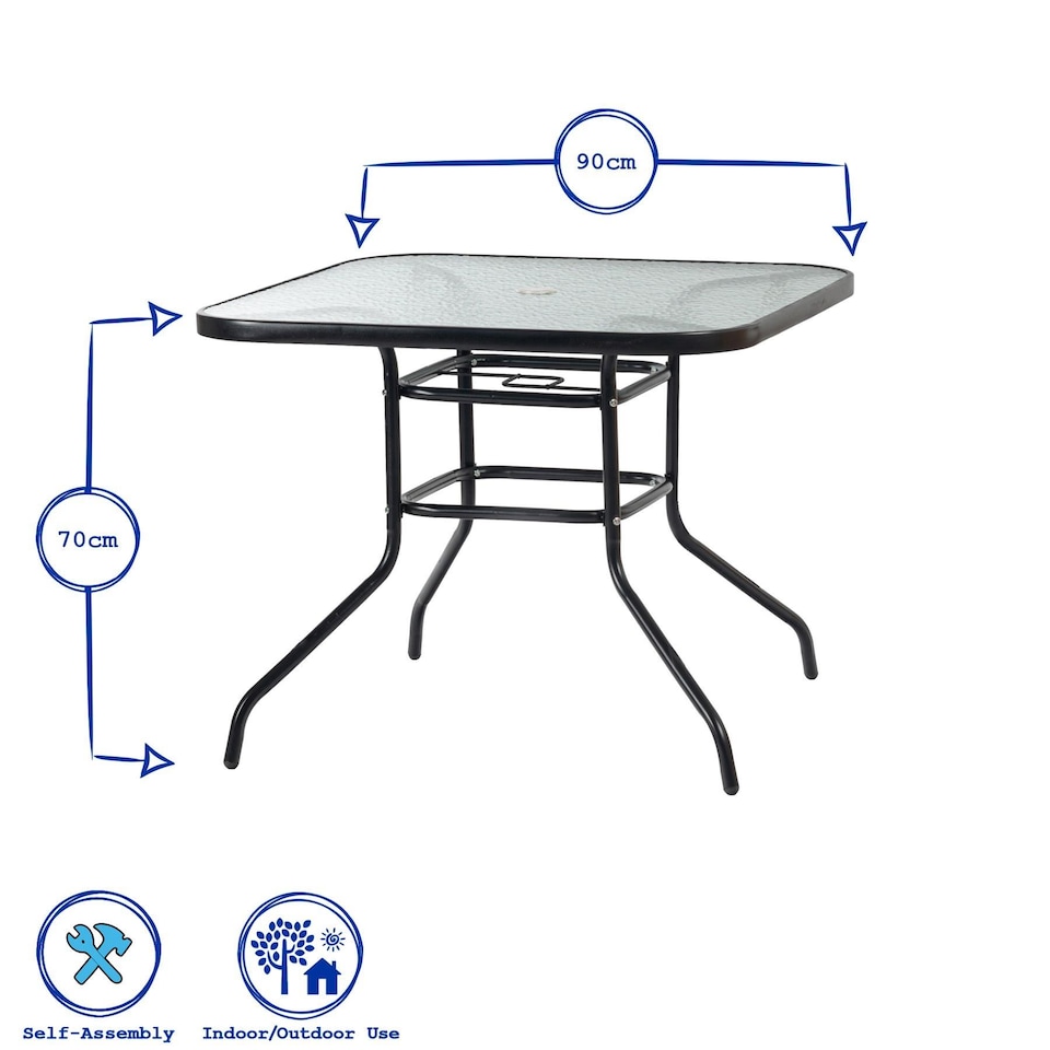 image 1 of Harbour Housewares Glass Top Garden Table - Glass Top Outdoor Patio Coffee Bistro Furniture - 90 x 90cm - Black