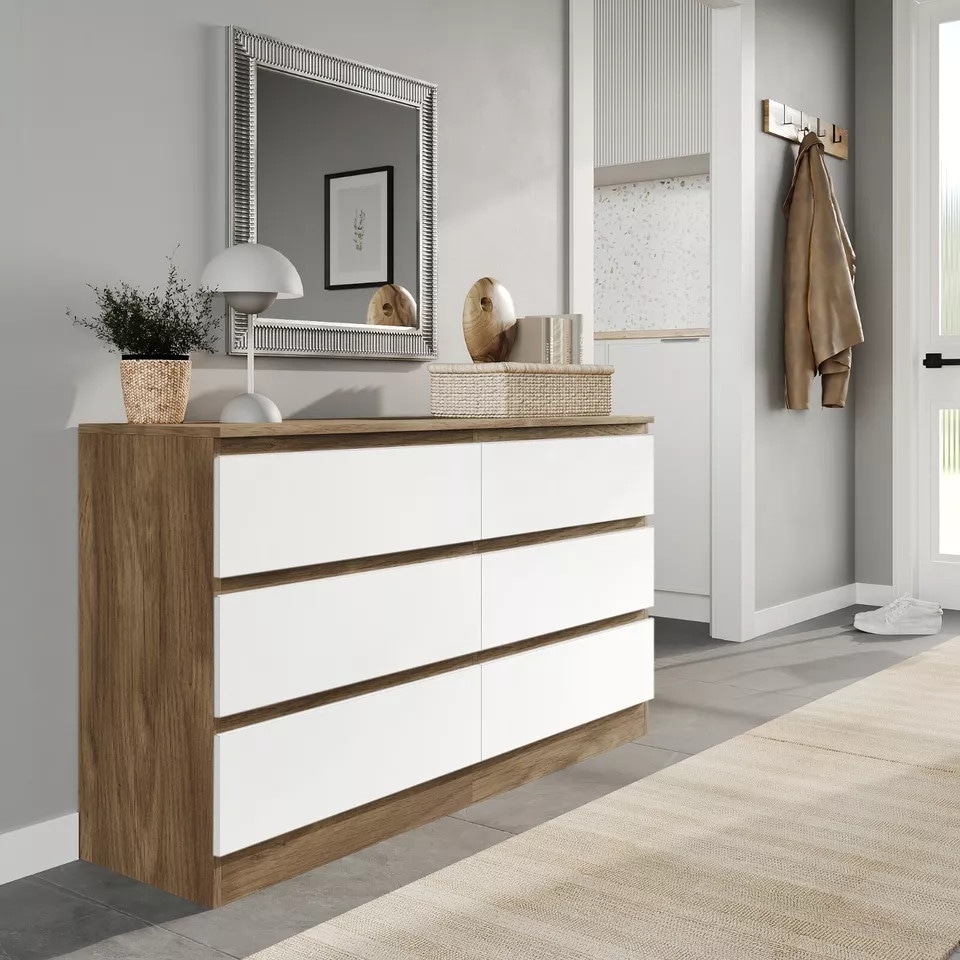 image 1 of Minimalist Chest of 6 Drawers - 68.6x120x35cm | Brown | Oak & White | 1