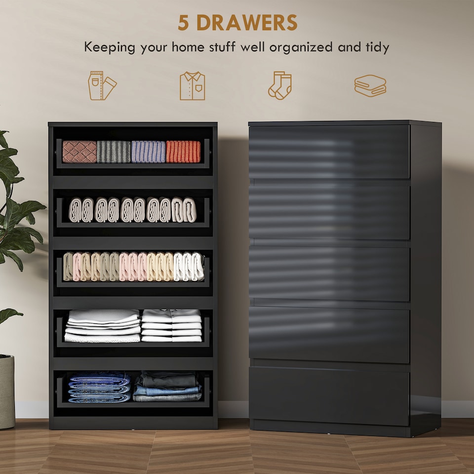 image 1 of HOMCOM Bedroom Chest of Drawers, 5 Drawers Dresser, Drawer Unit, Black | Black | Black | 55W x 34D x 100H cm