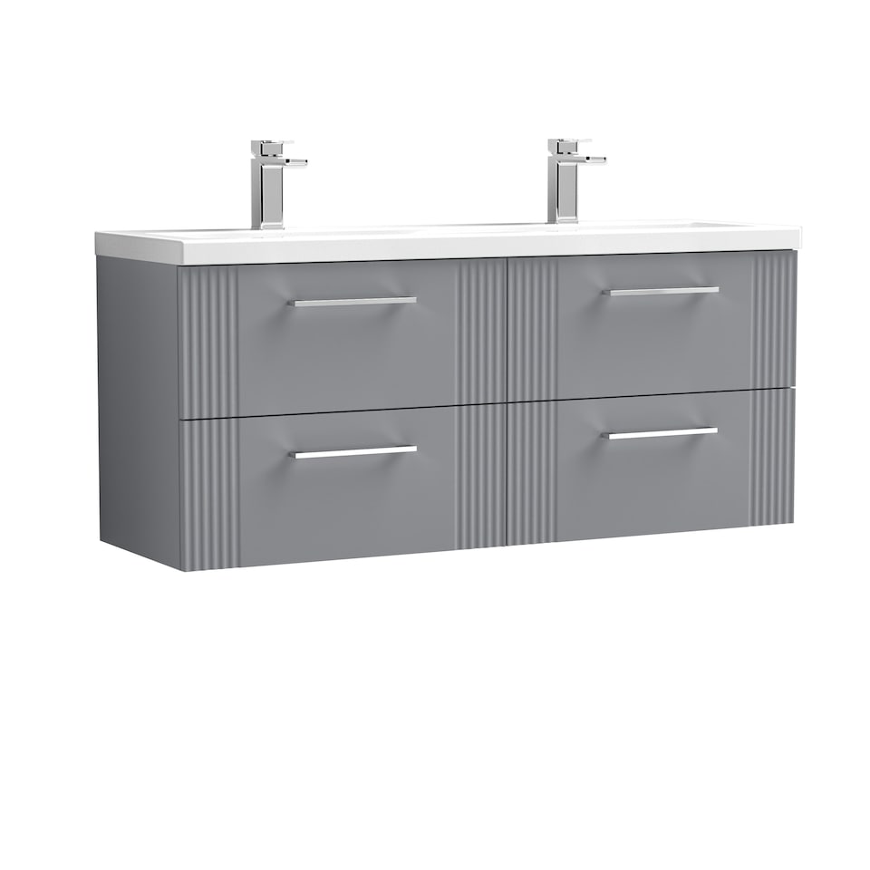image 1 of Retro 4 Drawer Wall Hung Vanity Unit with Double Ceramic Basin - 1200mm - Satin Grey - Balterley Grey