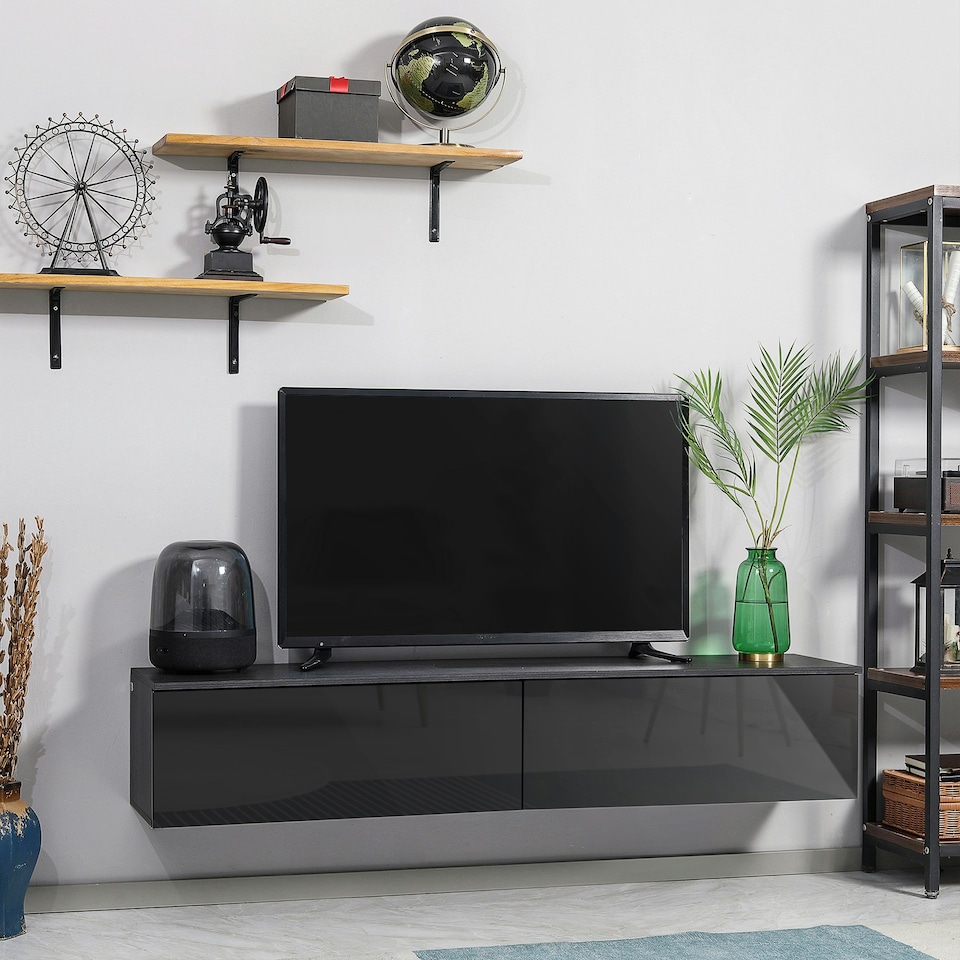 image 1 of HOMCOM Wall Mounted TV Stand Unit with Storage and High Gloss Effect, Black