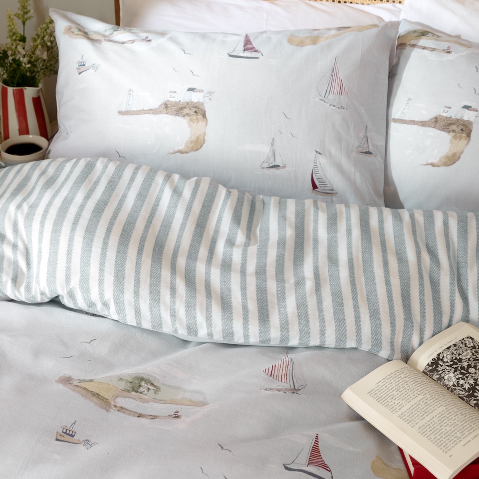 image 1 of Wylder Abersoch Shore Reversible 100% Cotton Duvet Cover Set | Blue | Blue | Double