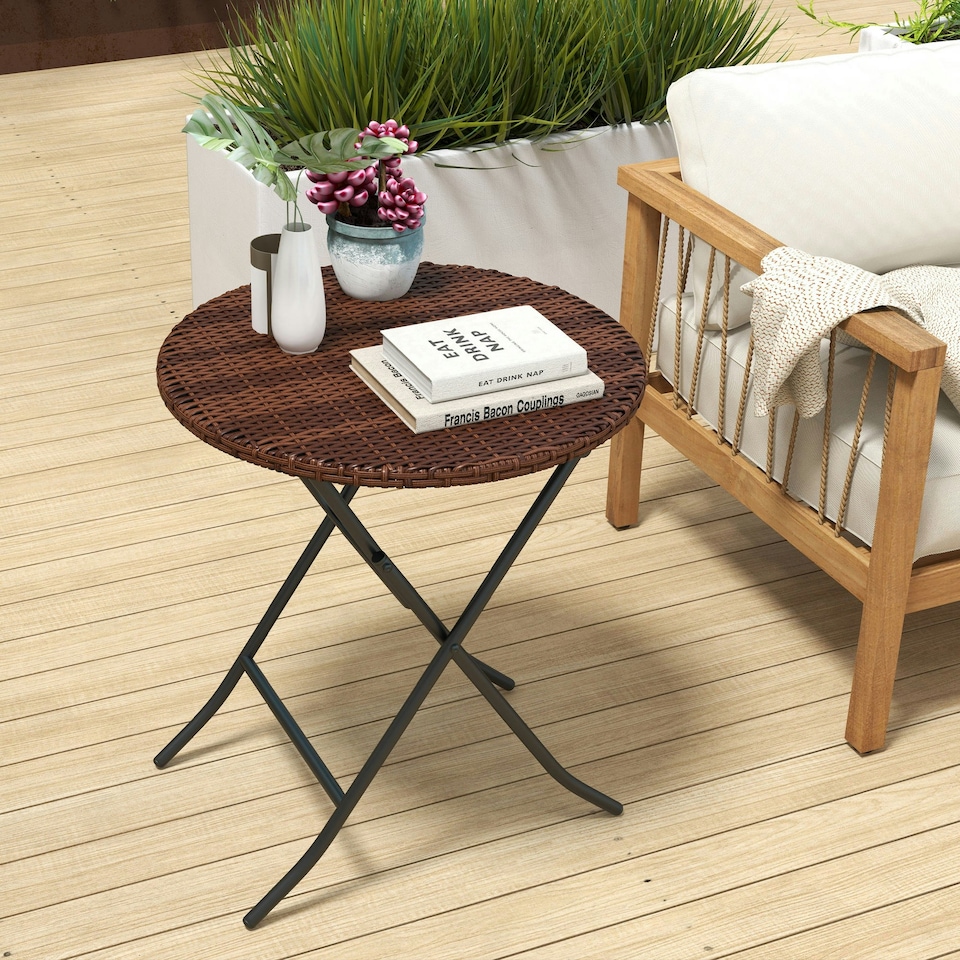 image 1 of Outsunny Foldable Outdoor Coffee Table, Metal Frame Rattan Side Table, Brown