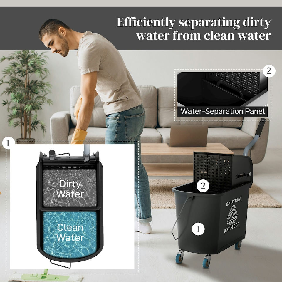 image 1 of HOMCOM 20L Compact Mop Bucket with Wringer on Wheels Black