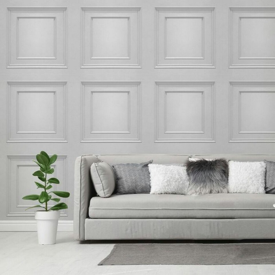 image 1 of Belgravia Amara Wood Panel Vinyl Textured Wallpaper - Dove Grey - 10m x 53cm | White