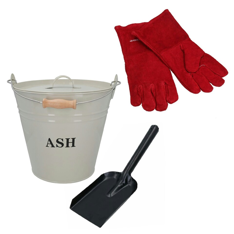 image 1 of Cream Coal Bucket With Lid, 5" Shovel & Gloves Metal Ash Tidy Bin Log Burner