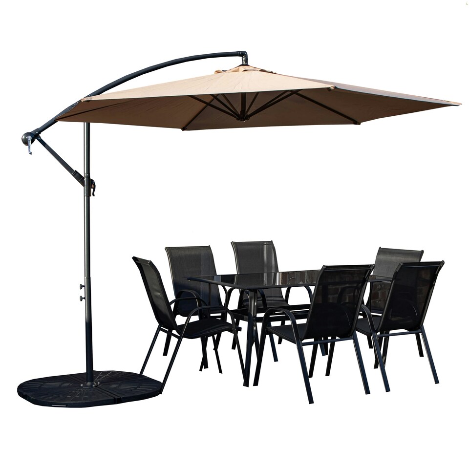 image 1 of Outdoor 6 Person Rectangular Glass Top Garden Dining Table Chairs With Beige Banana Parasol and Base