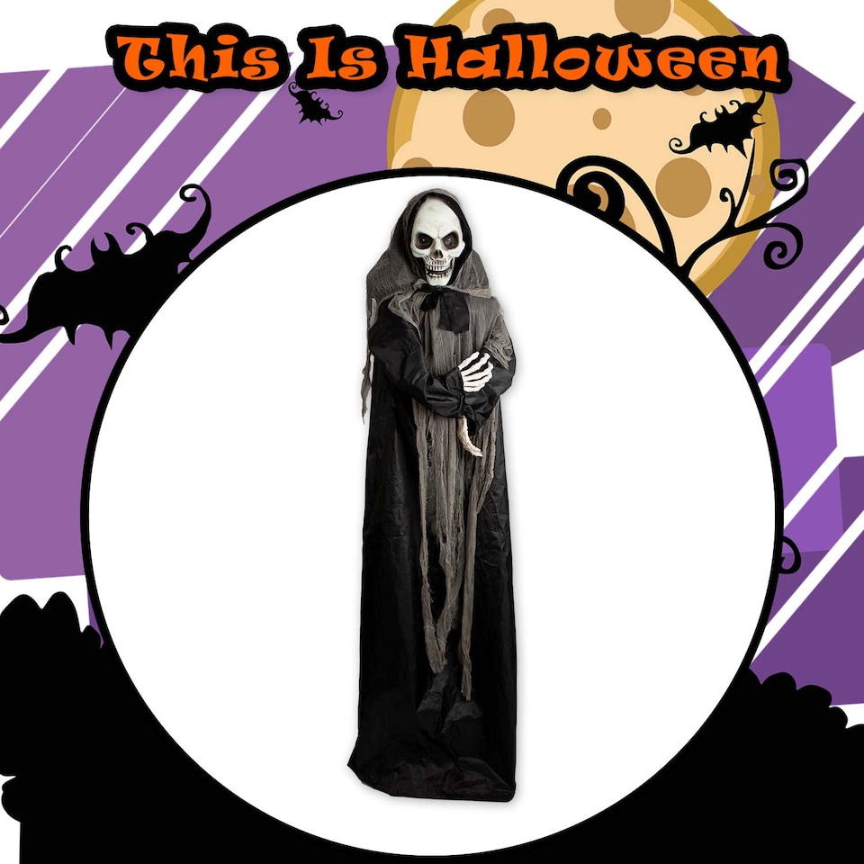 image 1 of PMS 72-inch Animated Skeleton Ghost Decoration - Black Halloween Prop