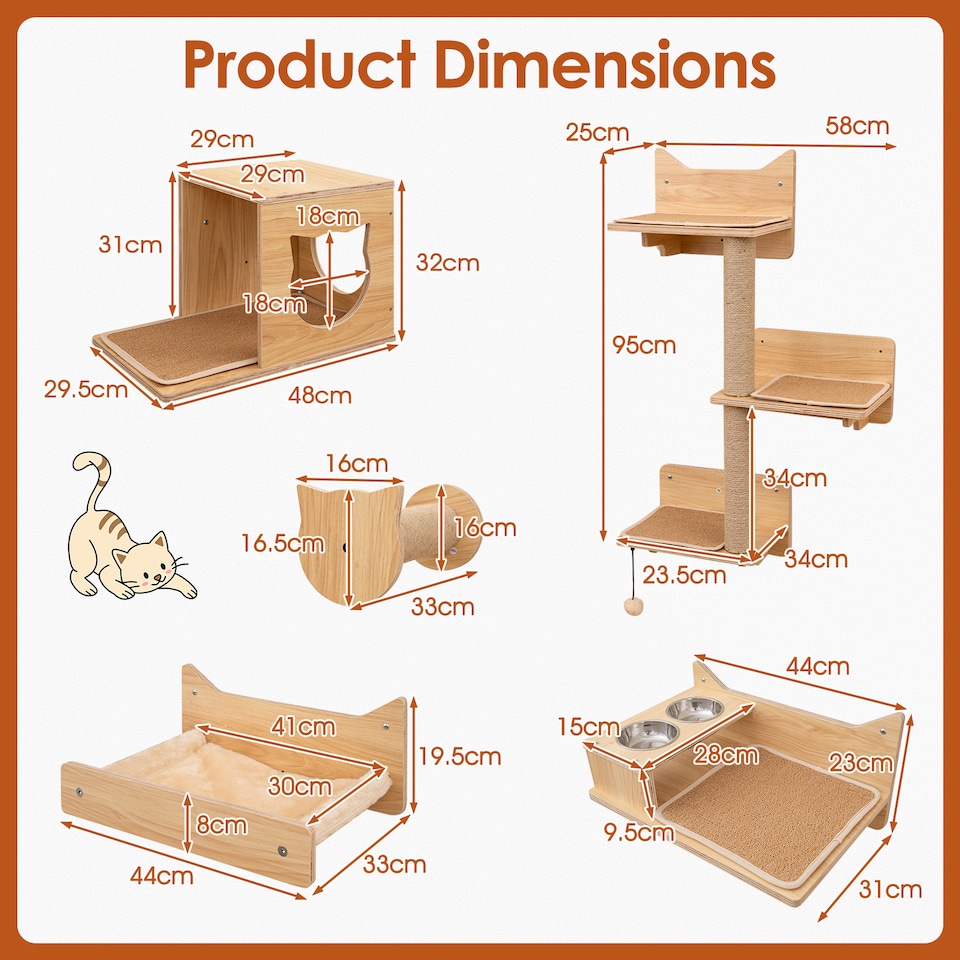 image 1 of COSTWAY 6Pcs Cat Wall Furniture Set Kitten Wall Natural