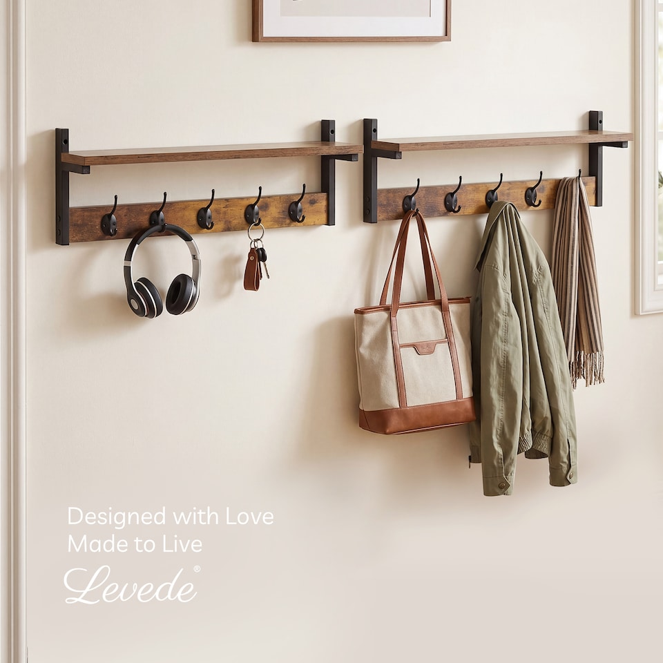 image 1 of Levede Coat Rack Wall Mounted Wooden Hooks Hangers Storage Shelf 2 Pack Brown