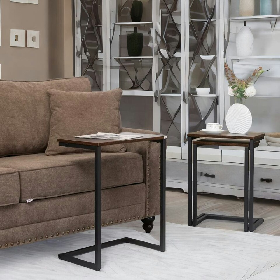 image 1 of Set Of 3 C-Shaped Nesting Tables Rustic Brown Brown