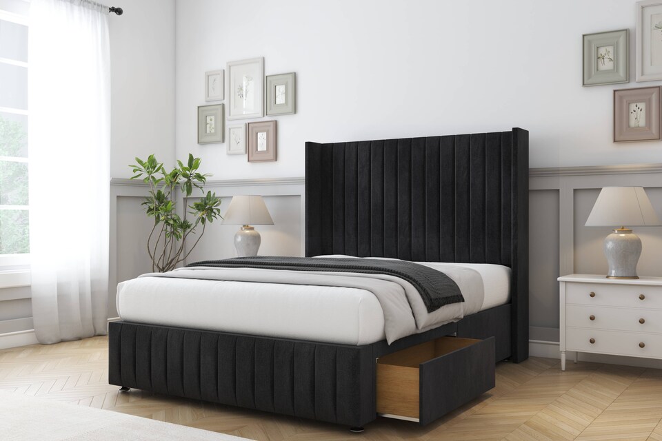 image 1 of Sloomy Marlborough Black Naples Divan Bed Base No Drawers With 54 Inch Wingback Headboard & 12 Inch Matching Footboard | Black | Black | Small Double | 1