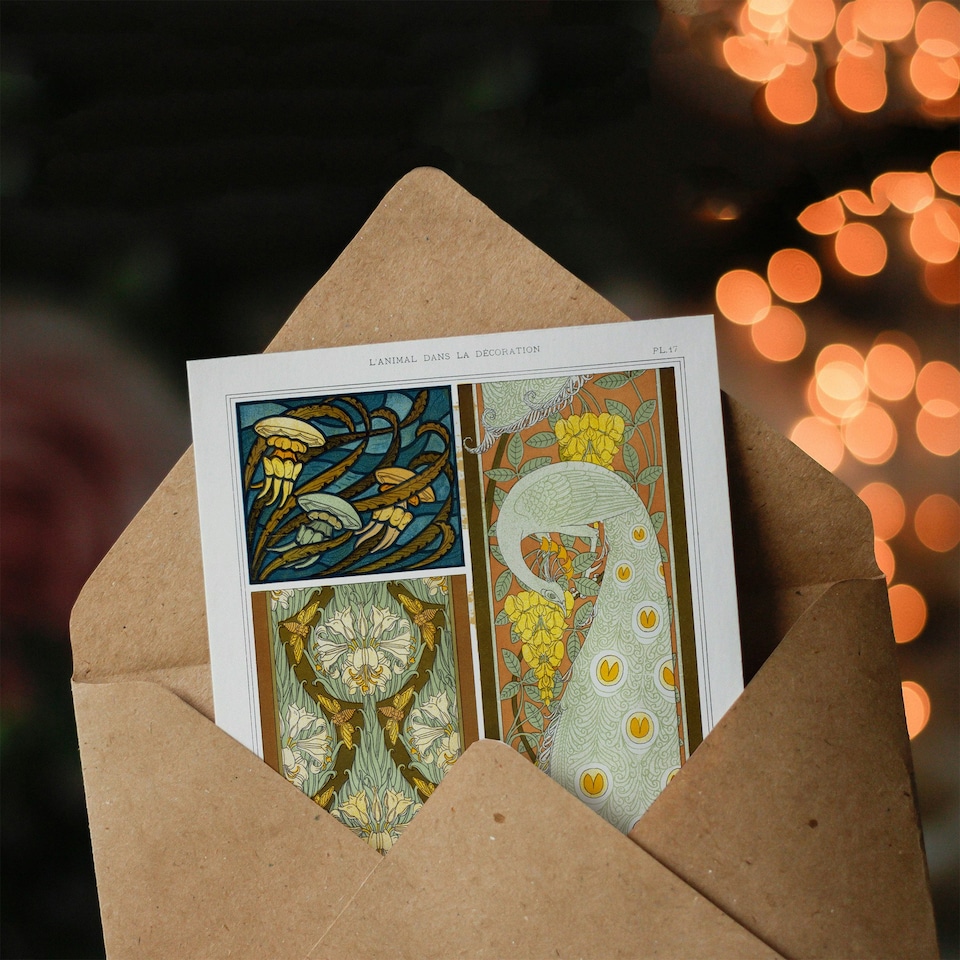 image 1 of Maurice Pillard Verneuil Art Card Peacock Jellyfish Lily Art Nouveau Patterns