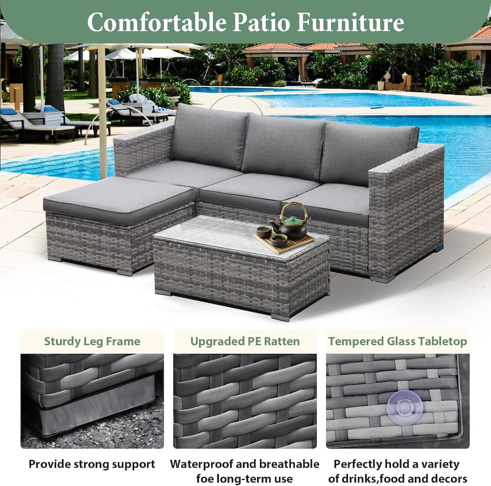 image 1 of 3-Piece Rattan Garden Corner Sofa Set with Coffee Table & Washable Cushions