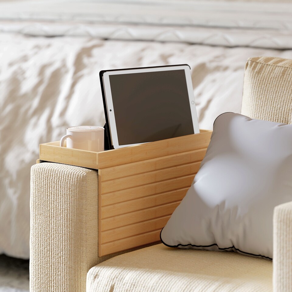 image 1 of HOMCOM Bamboo Sofa Arm Tray, Foldable Anti-Slip Armrest Tray for Drinks