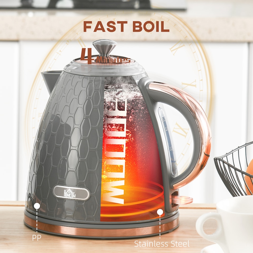 image 1 of HOMCOM Electric Kettle, 1.7L, Fast Boil, 3kW Cordless Water Kettle with Removable Washable Anti-scale Filter, Auto Shut-off, 360degree Swivel, UK Otter Thermostat, BPA Free, Grey