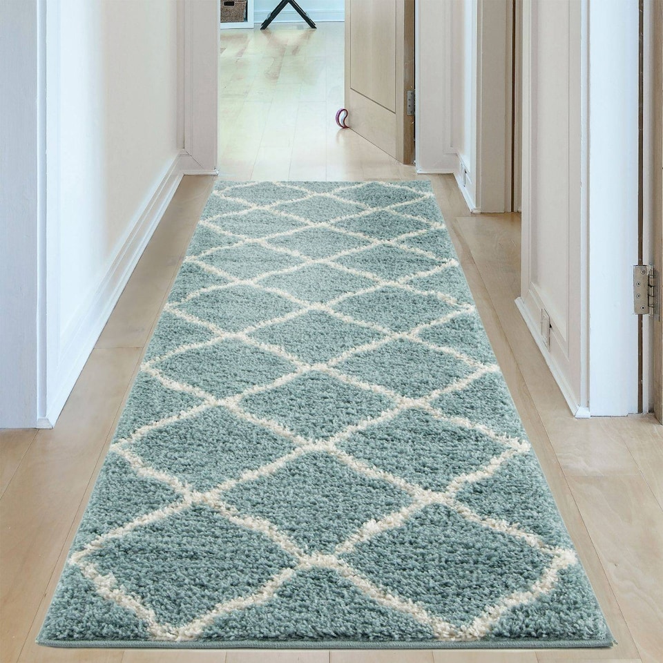 image 1 of The Rugs Moroccan Collection Soft High Pile Shaggy Lattice Floor Rugs and Runners Living Room