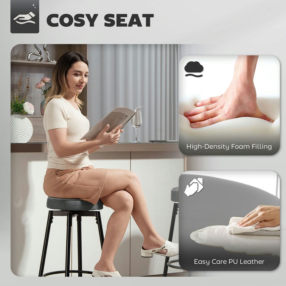 image 1 of HOMCOM Swivel Bar Stools Set of 2, PU Leather Barstools with Footrest Grey
