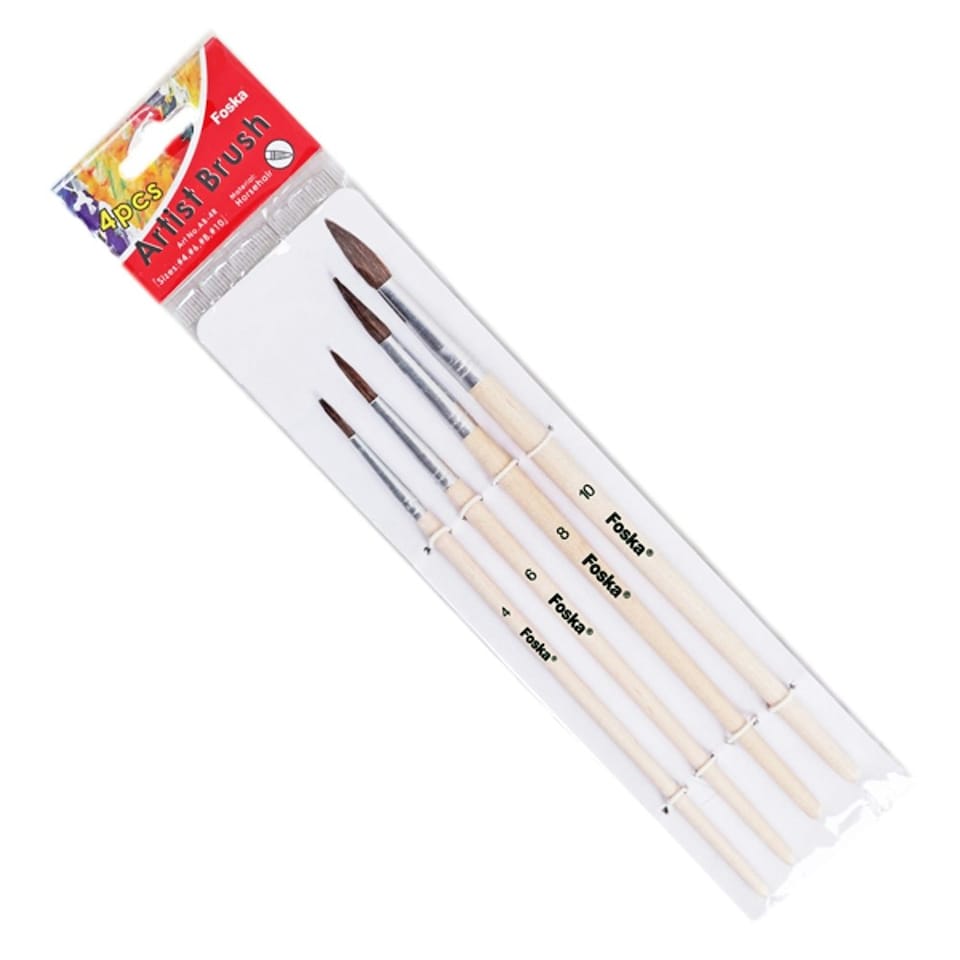 image 1 of Pack of 4 Assorted Size Wooden Handle Horsehair Artist Oil Painting Brushes