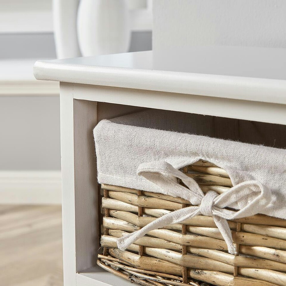 image 1 of Wooden Chest Of Drawer Storage Unit Willow Wicker Baskets Bedside Fully Assembled White | 3 Drawers