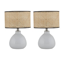 First Choice Lighting Set of 2 Tuscan White Ceramic Lamps with Natural Cane Shade White | Brown