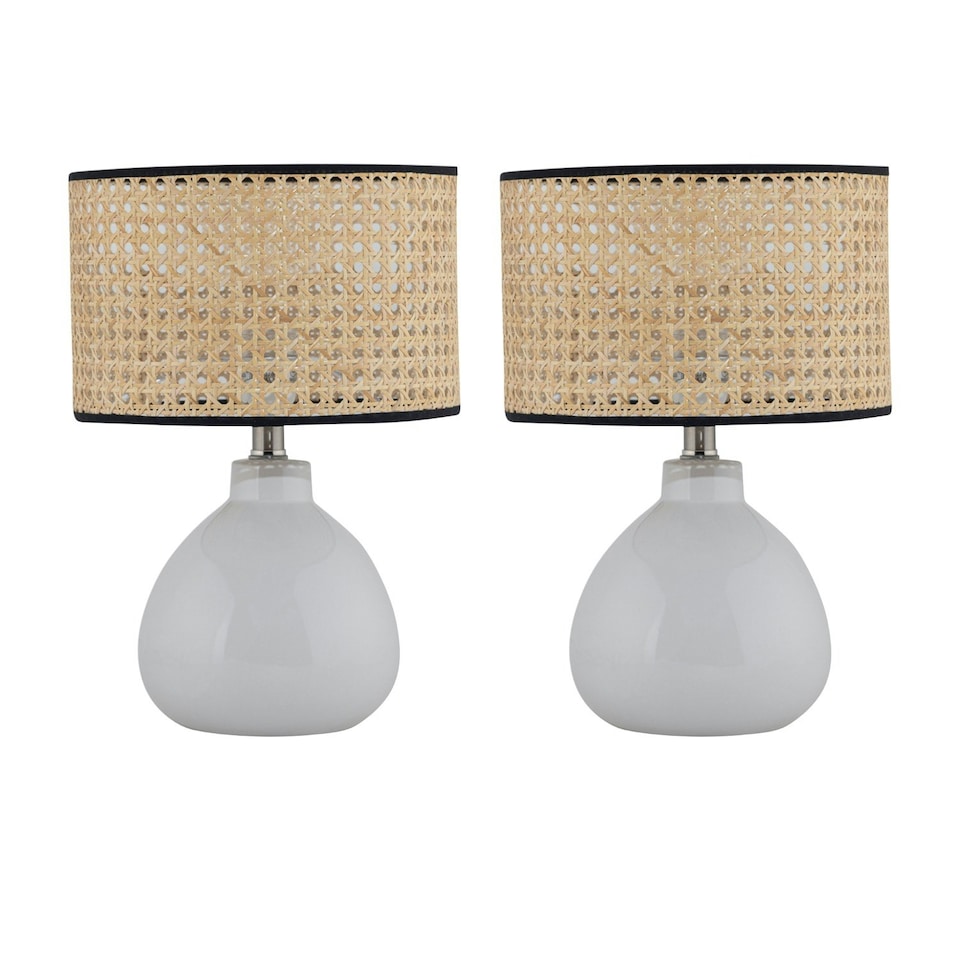image 1 of First Choice Lighting Set of 2 Tuscan White Ceramic Lamps with Natural Cane Shade White | Brown