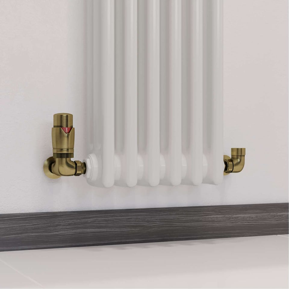 image 1 of Stirling Bold - Antique Brass Thermostatic Radiator Valve & Lockshield Corner 15mm