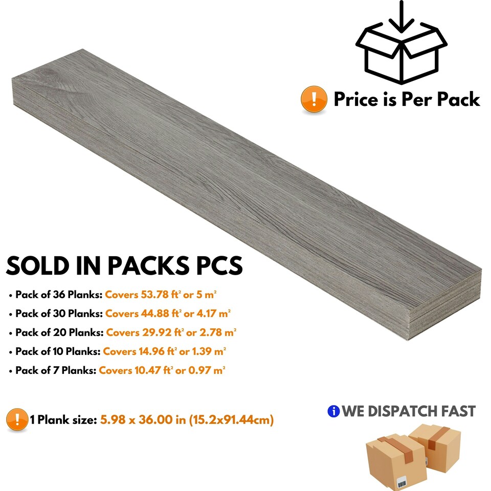image 1 of Self Adhesive Floor Planks | 5.9x35.9in (91.4x15.2cm) Each | Peel & Stick Vinyl Flooring | Grey Wood Effect | Easy DIY | Stick On Tiles for Home Floors Grey | 2.78 sqm