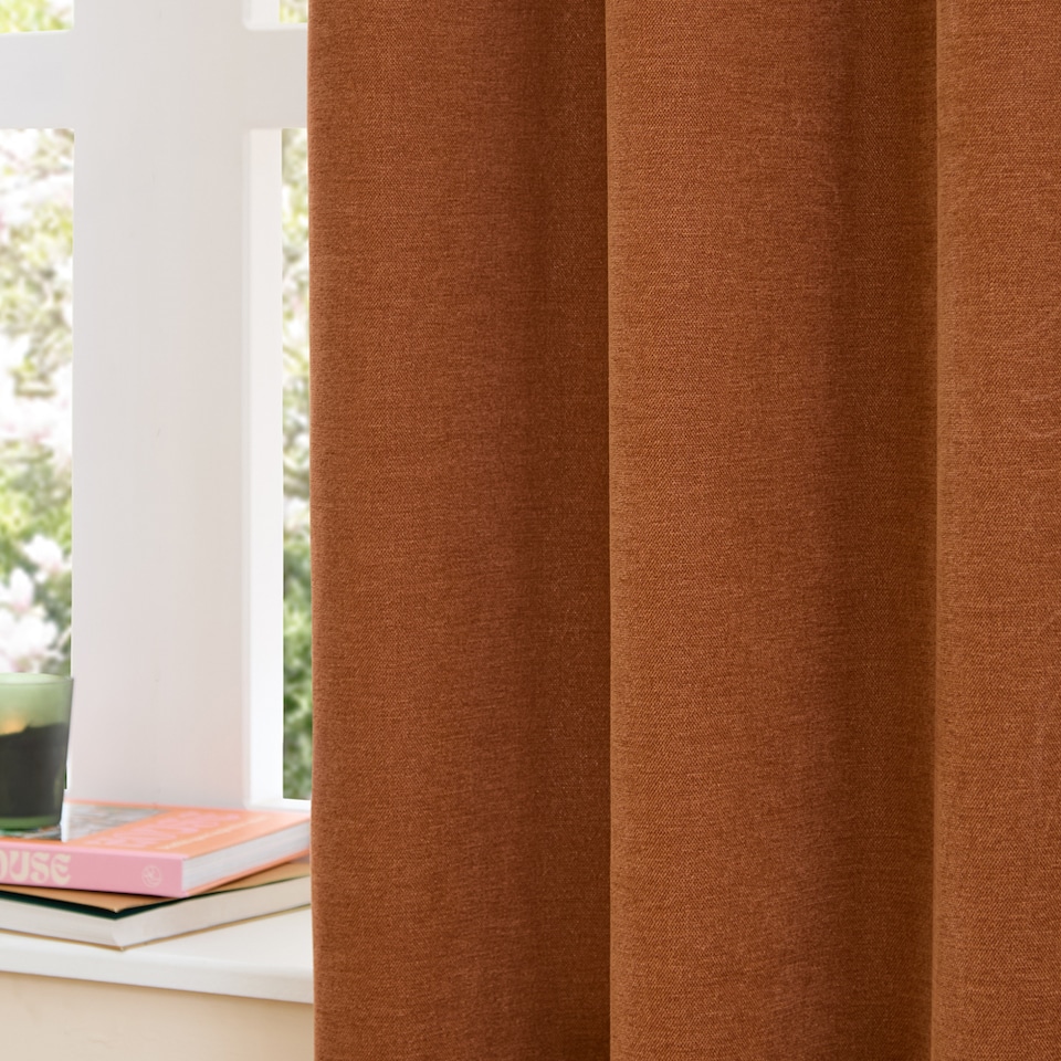image 1 of Furn Soft Chenille Blackout Eyelet Curtain Pair, 117cm width x 183cm drop | Orange | Rust | 1