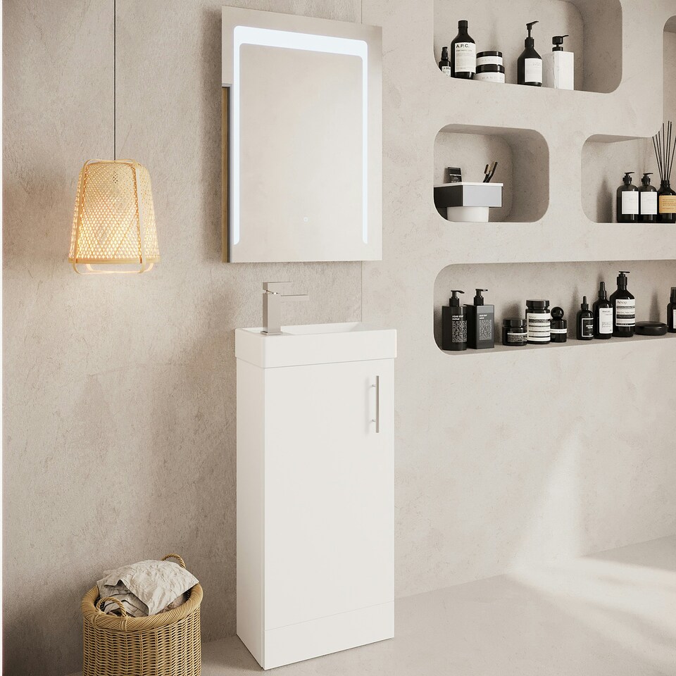 image 1 of Cloakroom Floor Standing 1 Door Vanity Unit with Basin, 400mm - Gloss White White