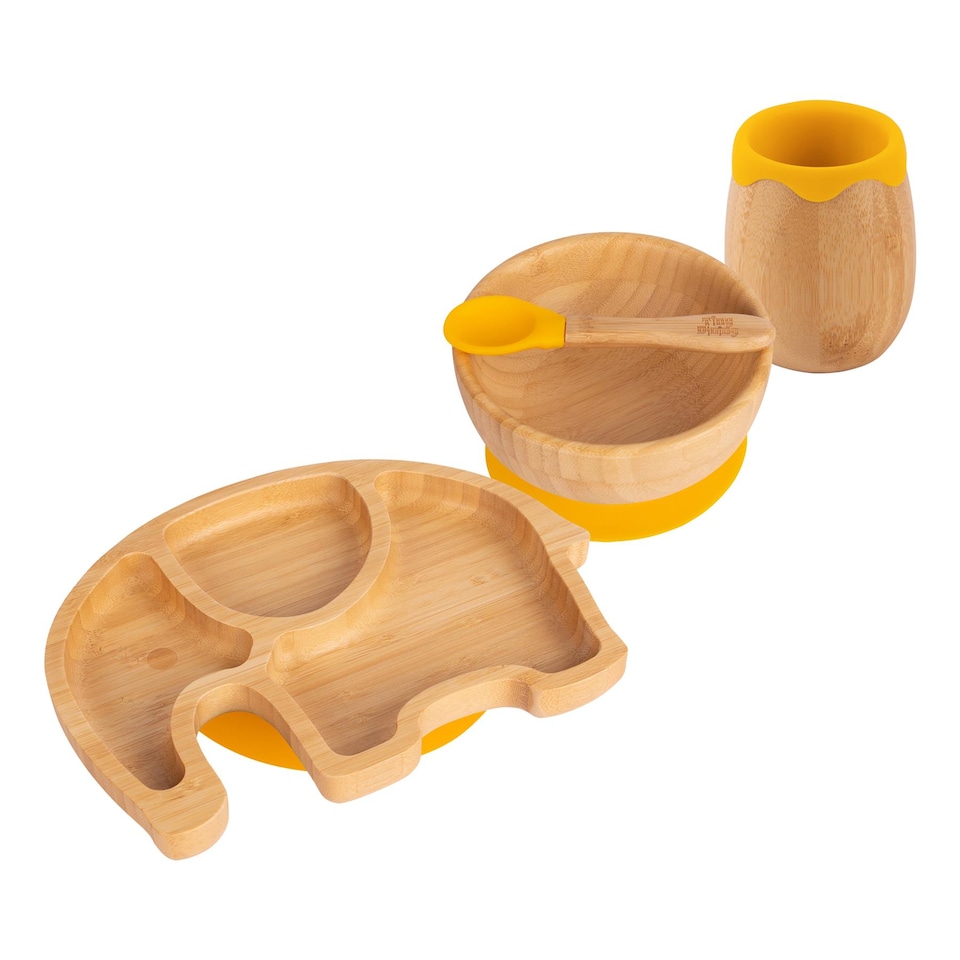 image 1 of Tiny Dining 4pc Elephant Bamboo Suction Baby Feeding Set - Yellow