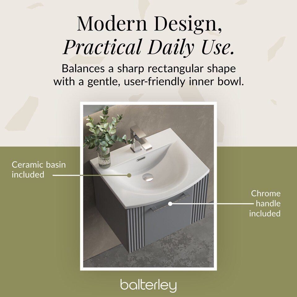 image 1 of Balterley Partial Fluted 1 Drawer Wall Hung Vanity Unit with 1 Tap Hole Curved Basin | Grey | Satin Grey