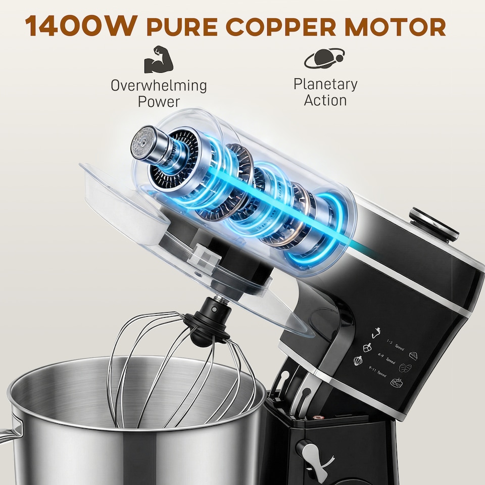 image 1 of HOMCOM 6L 1400W Stand Mixer with 11 Speeds & Fermentation Function, Black
