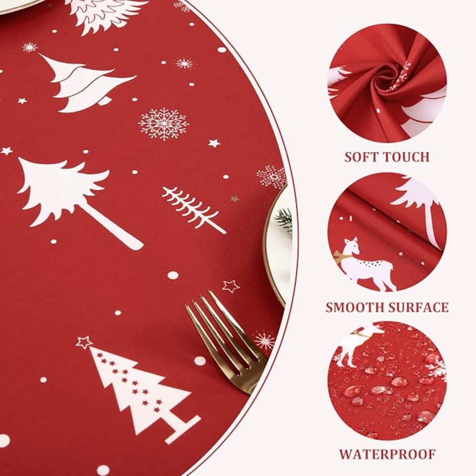 image 1 of London Boutique Christmas Tablecloth, Waterproof Washable Polyester Oxford Table Cover with Xmas Tree Reindeer Print