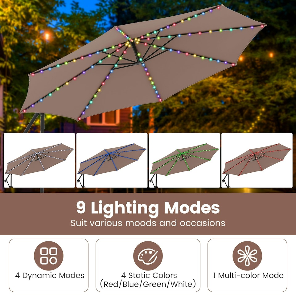 image 1 of COSTWAY 290 cm Solar Offset Hanging Sunshade Parasol Coffee Brown