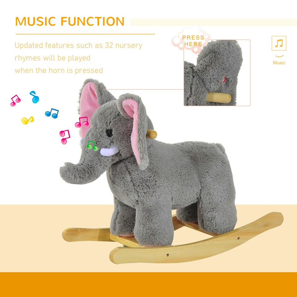 image 1 of Ride on Elephant Rocker Children Rocking Horse Grey Nursery Rhymes Kids Toy Game