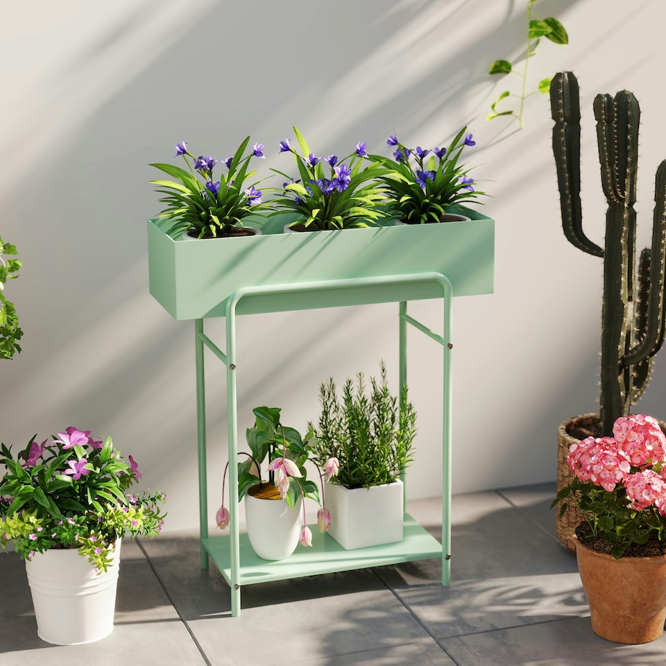 image 1 of Outsunny 2 Tier Plant Stand, Metal Plant Rack with Drain Holes, Green 