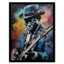 Modern Blues Music Musician Colourful Splat Black Framed Wall Art Print A4