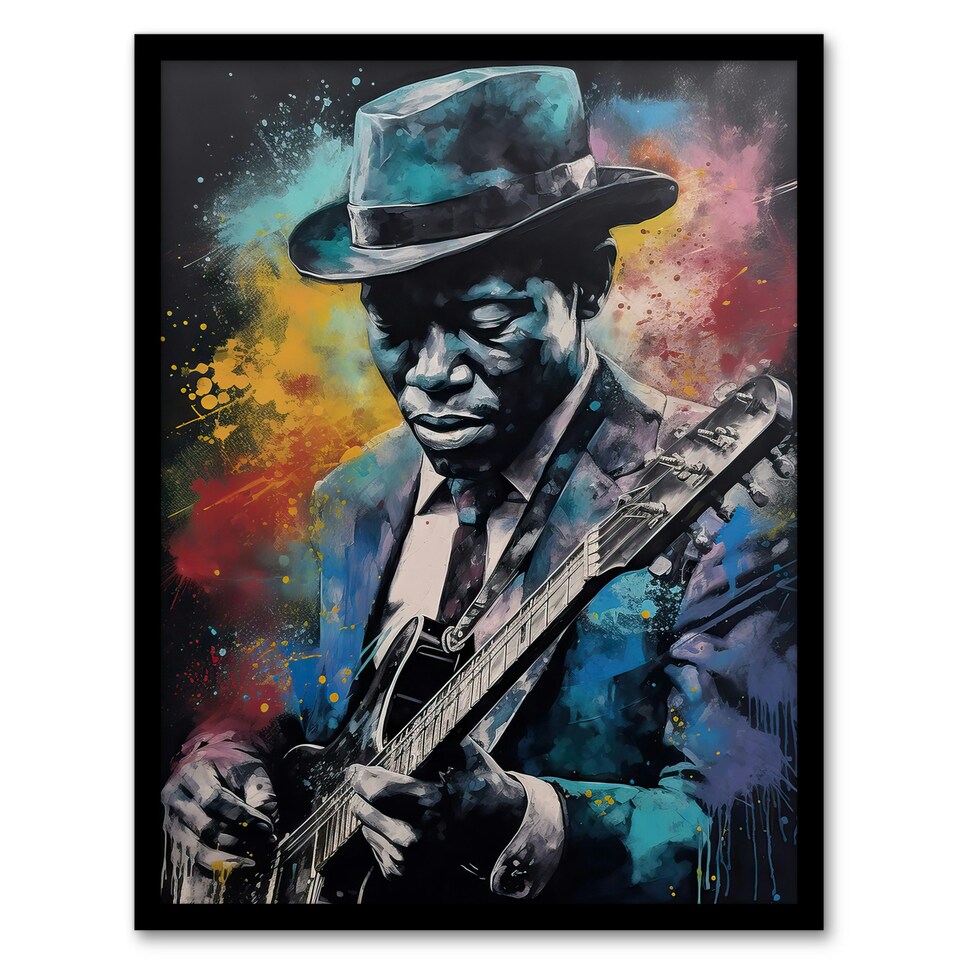 image 1 of Modern Blues Music Musician Colourful Splat Black Framed Wall Art Print A4