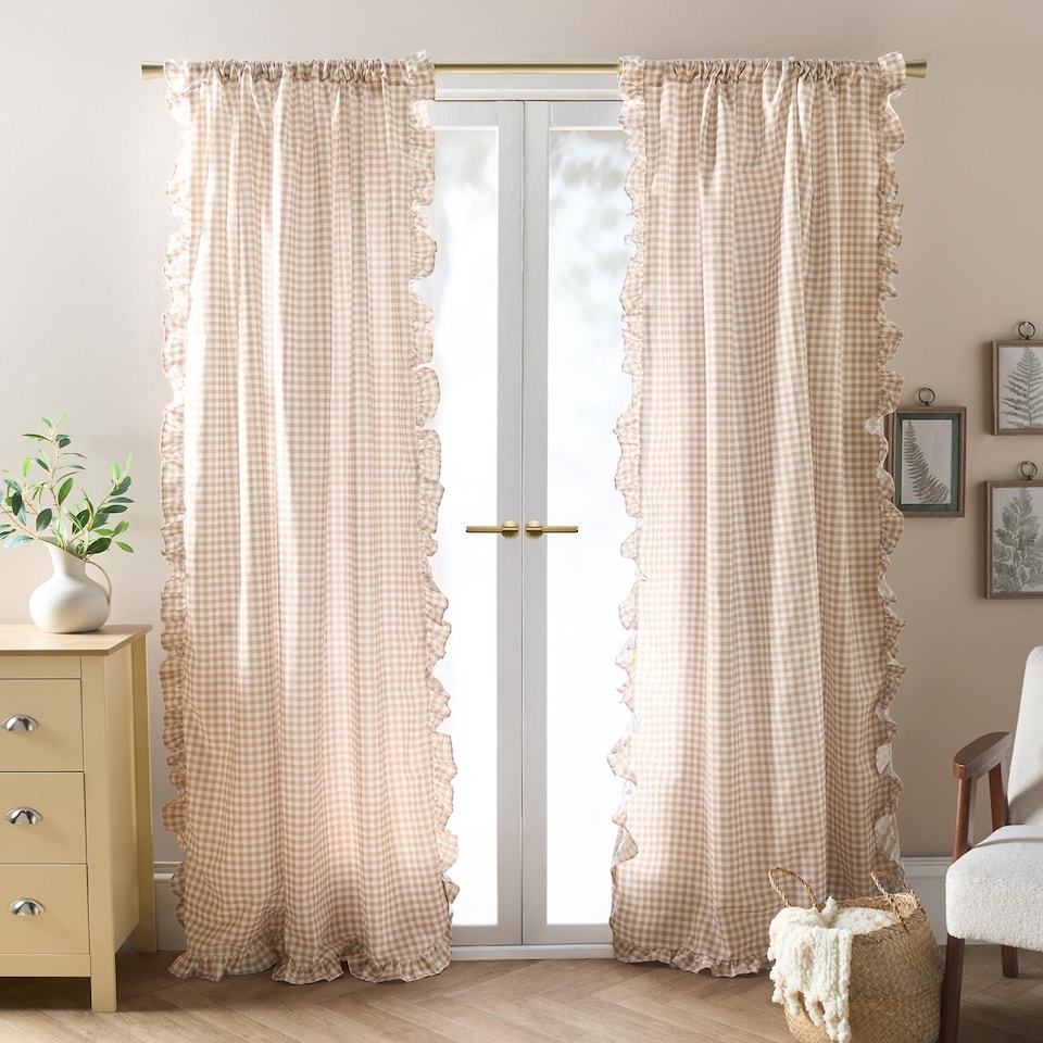 image 1 of OHS Gingham Frill Voile Net Curtain Pair Window Panels Slot Top Set | Brown | Natural | One Size
