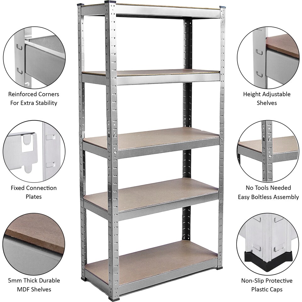 image 1 of Home Vida 5 Tier Large Heavy Duty Adjustable Steel Garage Shelving, Galvanised - Holds 875kg - (Set of 4) | Silver | Silver | Large