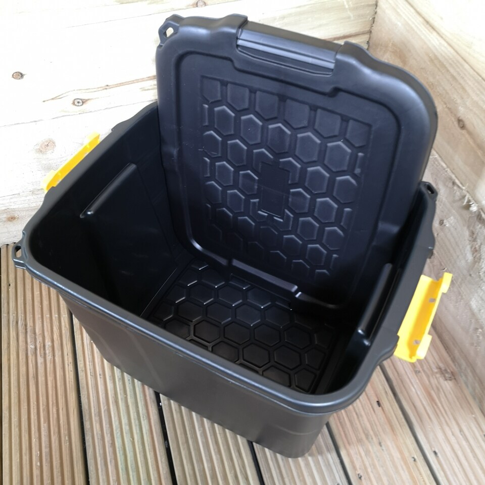 image 1 of 6 x 42L Heavy Duty Storage Tubs Sturdy, Lockable, Stackable and Nestable Design Storage Chests with Clips in Black