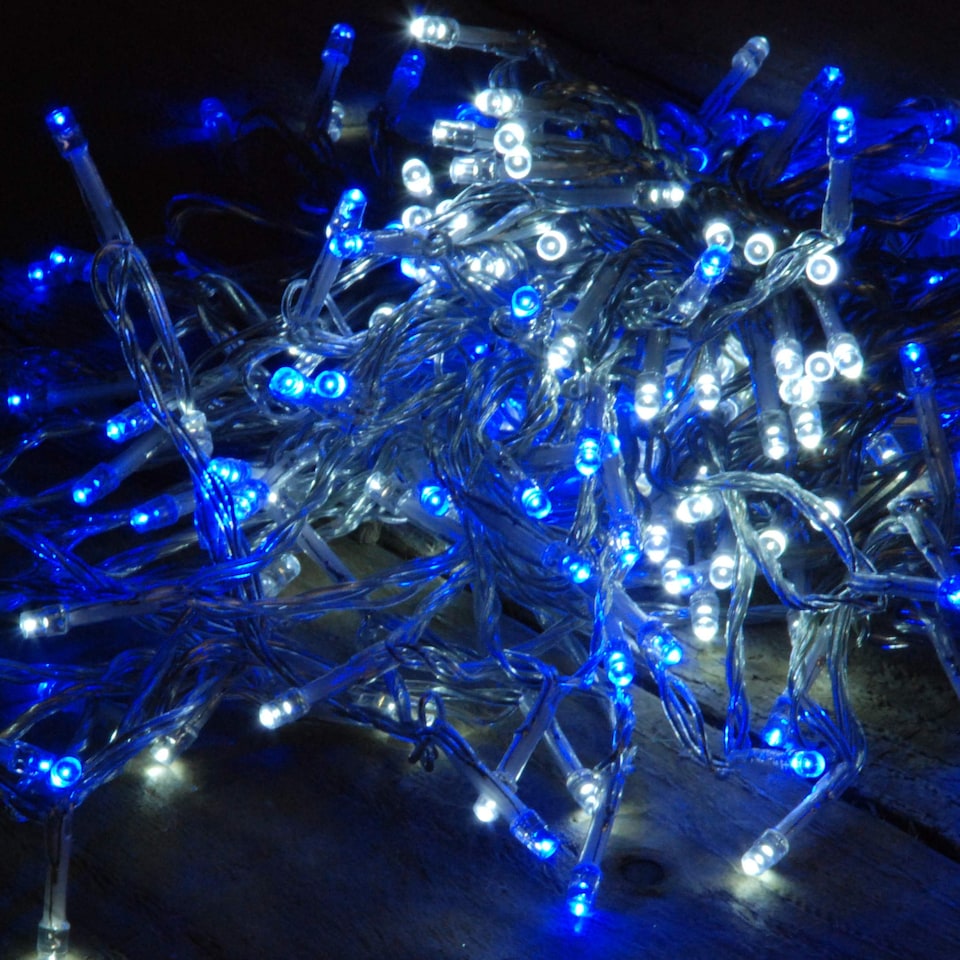image 1 of 200 LED 16m Premier Christmas Outdoor Function Lights Timer Clear Cable Blue & White