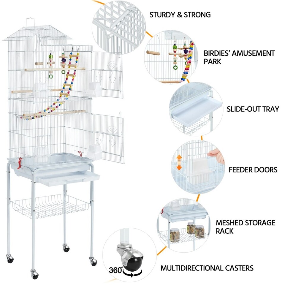 image 1 of Yaheetech 158.5 cm Tall Roof Top Birdcage with Rolling Metal Stand White